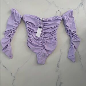 Astr the Label Off Shoulder Lilac Ruched Bodysuit